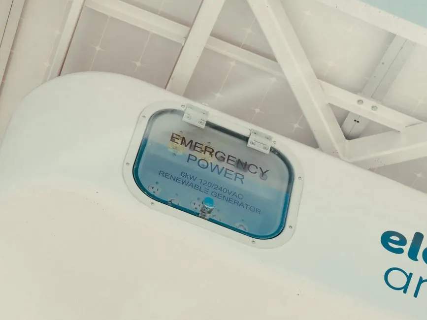 Image of an emergency power generator powered by renewable energy, featuring clean technology concepts.